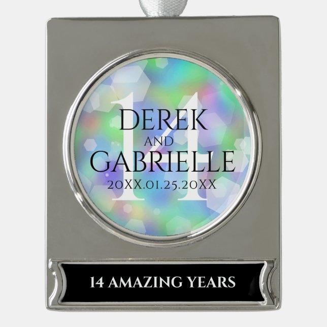 Elegant 14th Opal Wedding Anniversary Celebration Silver Plated Banner Ornament (Front)