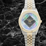 Elegant 14th Opal Wedding Anniversary Celebration Watch<br><div class="desc">Celebrate the 14th opal wedding anniversary and a love that stands the test of time with this stylish watch! Elegant black and white lettering with hexagonal confetti on an iridescent opal background add a memorable touch for this special occasion and milestone. Personalise with the couple's names and dates of marriage....</div>
