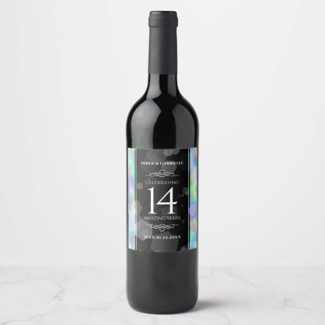 Elegant 14th Opal Wedding Anniversary Celebration Wine Label (Front)