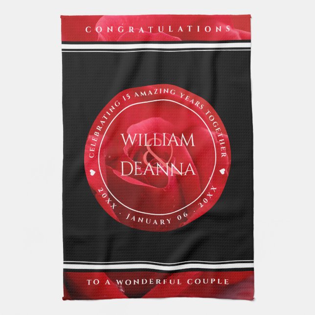 Elegant 15th 26th 36th Rose Wedding Anniversary Tea Towel (Vertical)