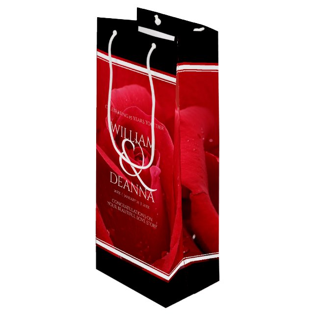 Elegant 15th 26th 36th Rose Wedding Anniversary Wine Gift Bag (Front Angled)