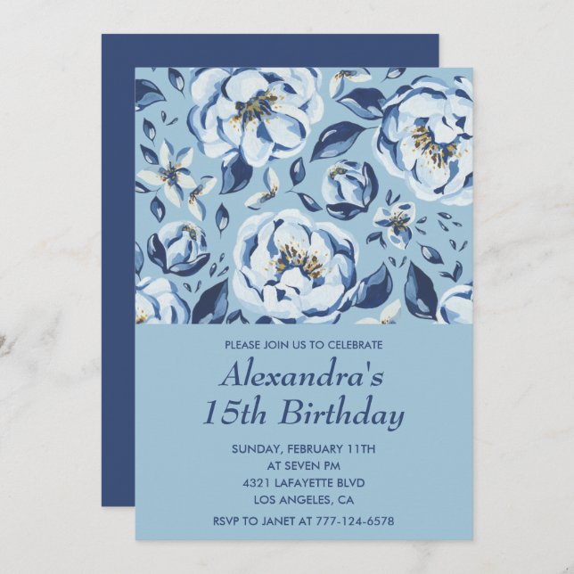 Elegant 15th birthday invitations Floral Blue (Front/Back)