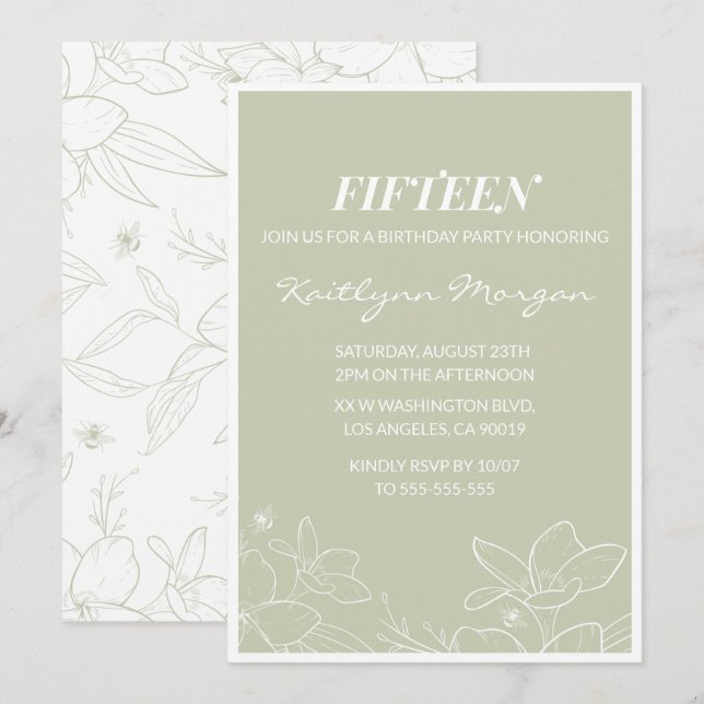 Elegant 15th birthday invitations Modern Floral  (Front/Back)
