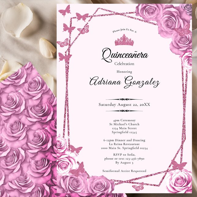 Elegant 15th birthday pink roses Quinceanera Invitation (Creator Uploaded)