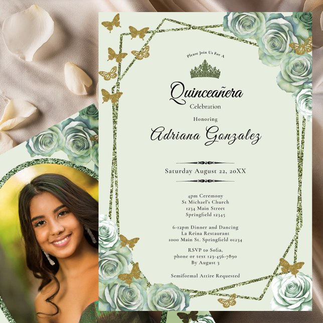 Elegant 15th birthday sage green gold Quinceanera Invitation (Creator Uploaded)