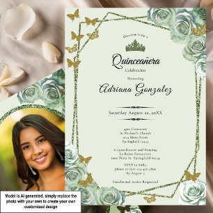 Elegant 15th birthday sage green gold Quinceanera Invitation