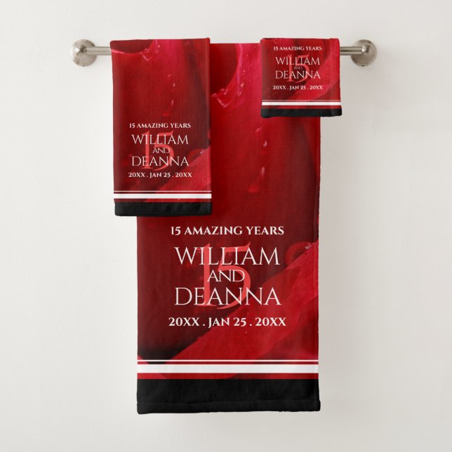 Elegant 15th Rose Wedding Anniversary Celebration Bath Towel Set (Insitu)