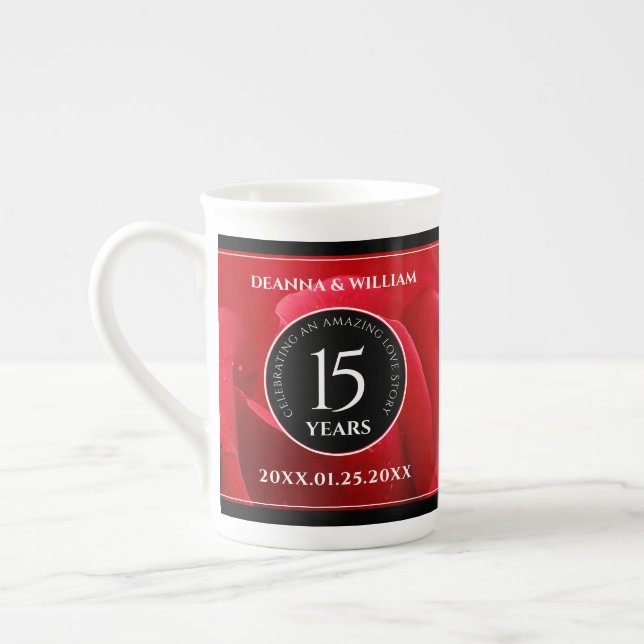 Elegant 15th Rose Wedding Anniversary Celebration Bone China Mug (Left)