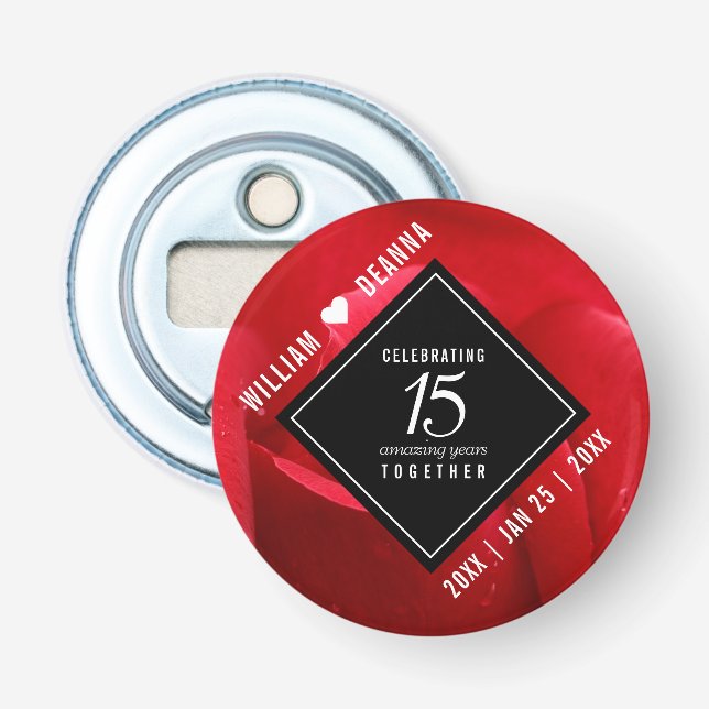Elegant 15th Rose Wedding Anniversary Celebration Bottle Opener (Front)
