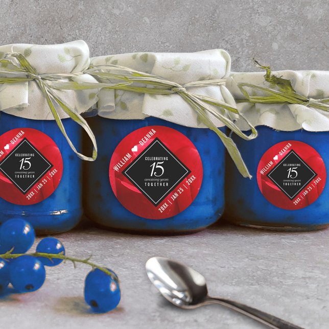 Elegant 15th Rose Wedding Anniversary Celebration Classic Round Sticker (Elegant 15th Rose Wedding Anniversary Round Sticker Cover Photo.)