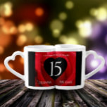 Elegant 15th Rose Wedding Anniversary Celebration Coffee Mug Set<br><div class="desc">Nothing says "you complete me" or "your better/other half" than these 15th rose wedding anniversary lovers' mugs. Elegant lettering on a red romantic rose background add a memorable touch for this special occasion and milestone. Customize with couple's names, and years of marriage or a congratulatory message. Reverse shows identical design....</div>