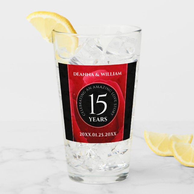 Elegant 15th Rose Wedding Anniversary Celebration Glass (Front Ice)