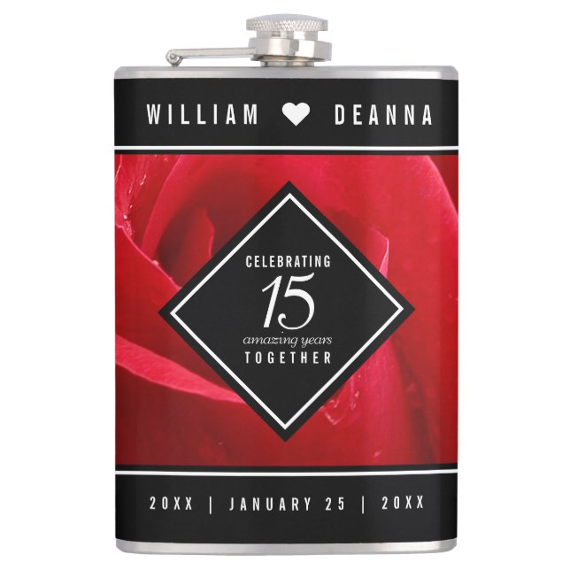 Elegant 15th Rose Wedding Anniversary Celebration Hip Flask (Front)