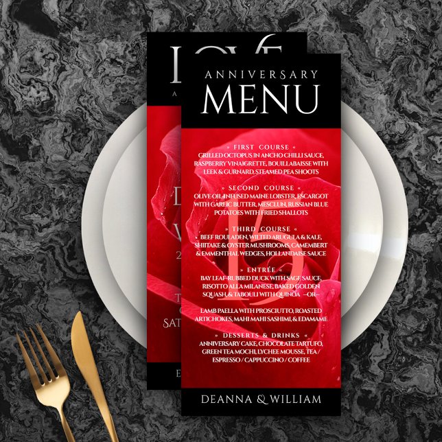 Elegant 15th Rose Wedding Anniversary Celebration Menu (Elegant 15th Rose Wedding Anniversary Menu Rack Card Cover Photo.)