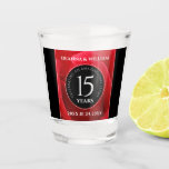 Elegant 15th Rose Wedding Anniversary Celebration Shot Glass<br><div class="desc">Toast the 15th rose wedding anniversary with this commemorative shot glass! Elegant white lettering on romantic red rose and black backgrounds add a memorable touch for this special occasion and milestone. Personalise with couple's names and dates of marriage.

Design © W.H. Sim,  All Rights Reserved. See more at zazzle.com/expressionsoccasions</div>