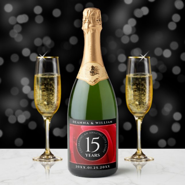 Elegant 15th Rose Wedding Anniversary Celebration Sparkling Wine Label (Creator Uploaded)