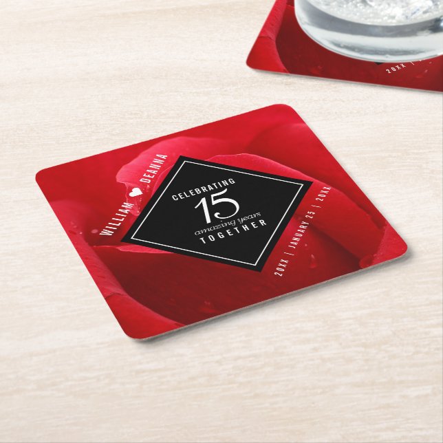Elegant 15th Rose Wedding Anniversary Celebration Square Paper Coaster (Angled)