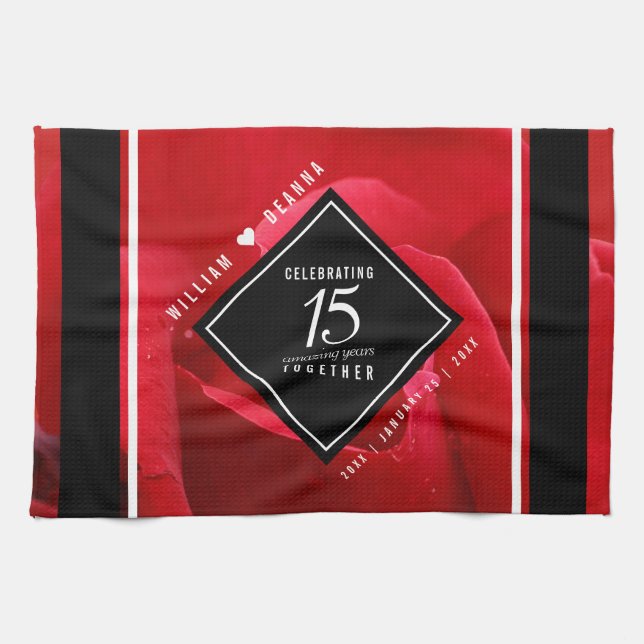Elegant 15th Rose Wedding Anniversary Celebration Tea Towel (Horizontal)