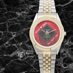 Elegant 15th Rose Wedding Anniversary Watch<br><div class="desc">Celebrate the 15th rose wedding anniversary and a love that stands the test of time with this stylish watch! Elegant white lettering on a romantic red rose background add a memorable touch for this special occasion and milestone. Personalize with the couple's names and dates of marriage. Design © W.H. Sim....</div>