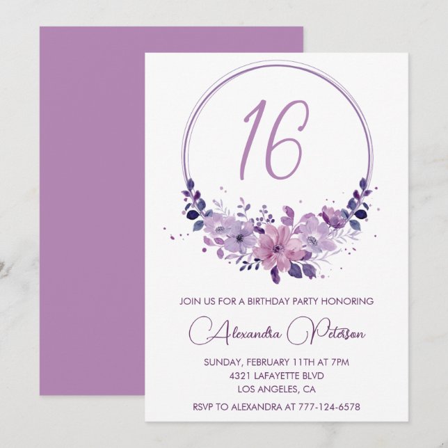 Elegant 16th birthday invitations Floral Purple (Front/Back)