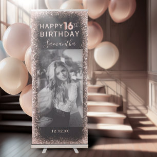 Elegant 16th Birthday Pink & Black Glitter Retractable Banner