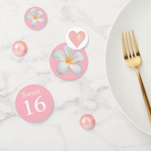 Elegant 16th Birthday & Plumeria Flowers on Pink Confetti