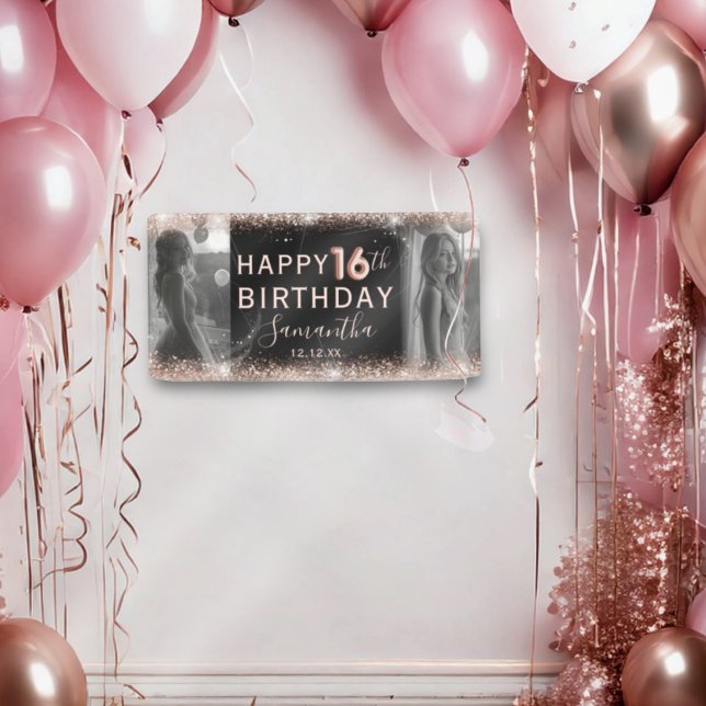 Elegant 16th Rose Gold Glitter & Photo Birthday Banner (Creator Uploaded)