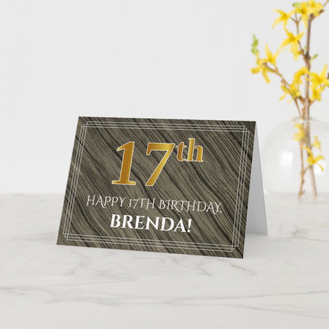 Elegant 17th Birthday: Faux Wood, Faux Gold Look Card (Yellow Flower)