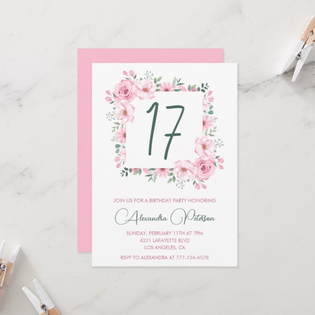 Elegant 17th birthday invitations Floral Pink  (Front/Back In Situ)