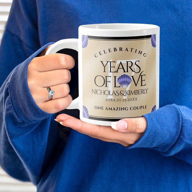 Elegant 17th Shells Wedding Anniversary Large Coffee Mug (17th wedding anniversary jumbo mug held by woman sporting a wedding ring and blue sweatshirt.)