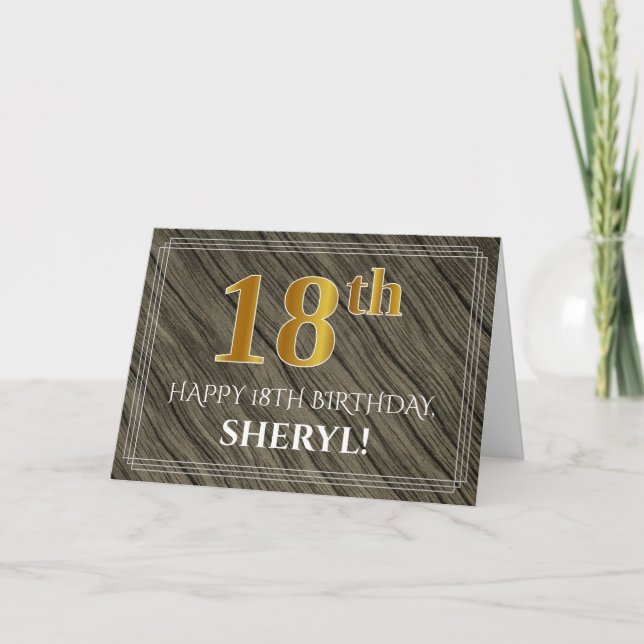 Elegant 18th Birthday: Faux Wood, Faux Gold Look Card (Front)
