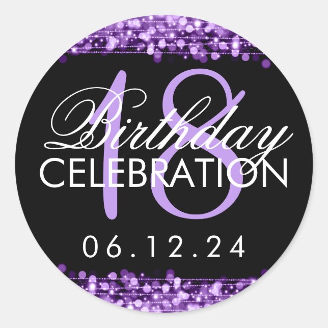 Elegant 18th Birthday Party Sparkles Purple Classic Round Sticker (Front)