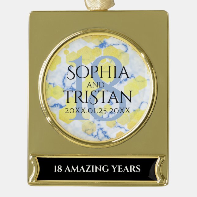 Elegant 18th Porcelain Wedding Anniversary Gold Plated Banner Ornament (Front)