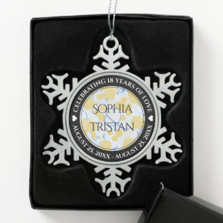 Elegant 18th Porcelain Wedding Anniversary Snowflake Pewter Christmas Ornament