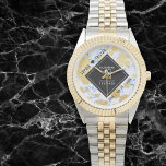 Elegant 18th Porcelain Wedding Anniversary Watch<br><div class="desc">Celebrate the 18th porcelain wedding anniversary and a love that stands the test of time with this stylish watch! Elegant black and white lettering with gold-dusted hexagonal confetti on a white and porcelain blue marbled background add a memorable touch for this special occasion and milestone. Personalize with the couple's names...</div>