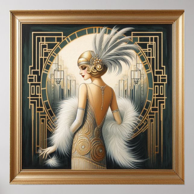 Elegant 1920s Art Deco Flapper Lady, Printed Frame Poster (Front)