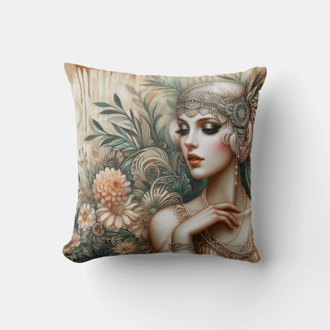 Elegant 1920s Flapper Lady from the Roaring 20s Cushion (Front)