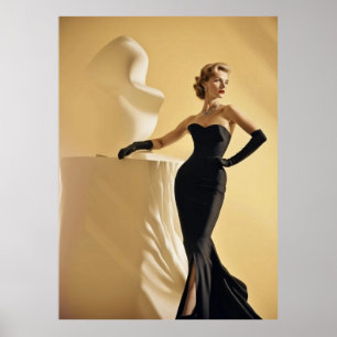Elegant 1950’s model showing evening black dress poster