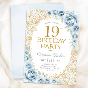 Elegant 19th Birthday Dusty Blue Gold Floral Invitation