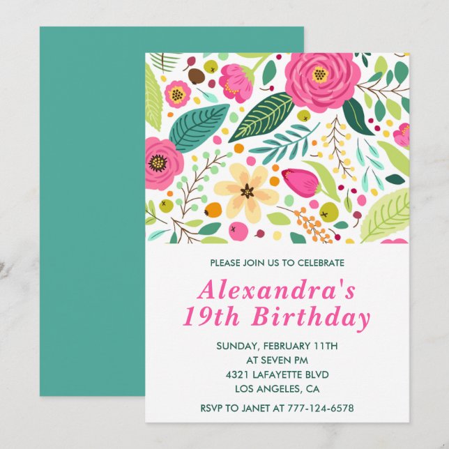 Elegant 19th birthday invitations Floral Colourful (Front/Back)