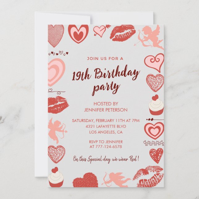 Elegant 19th birthday invitations Grey Red Hearts (Front)
