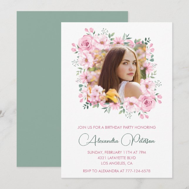 Elegant 19th birthday invitations Photo Boho (Front/Back)