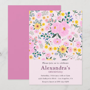 Elegant 19th birthday invitations Pink Floral Chic