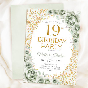 Elegant 19th Birthday Sage Green Gold Floral Invitation