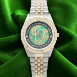 Elegant 19th Jade Wedding Anniversary Celebration Watch<br><div class="desc">Celebrate the 19th jade wedding anniversary with this commemorative watch! Elegant lettering with gold-dusted hexagonal confetti on a speckled,  jade green background add a memorable touch for this special occasion and milestone. Customize with couple's names,  dates of marriages,  and congratulatory messages.

Design © W.H. Sim. See more at zazzle.com/expressionsoccasions</div>