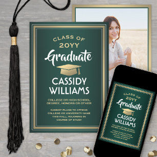 Elegant 1 Photo Modern Green Gold White Graduation Announcement