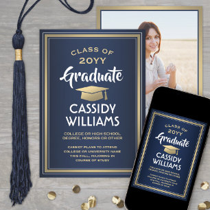 Elegant 1 Photo Simple Navy Gold White Graduation Announcement