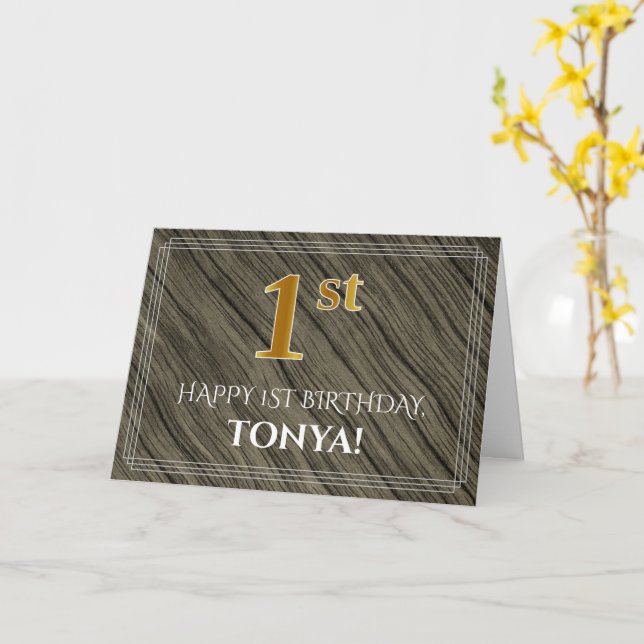 Elegant 1st Birthday: Faux Wood, Faux Gold Look Card (Yellow Flower)