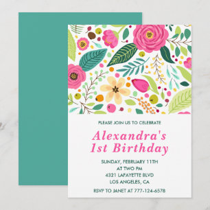 Elegant 1st birthday invitations Floral Colourful 