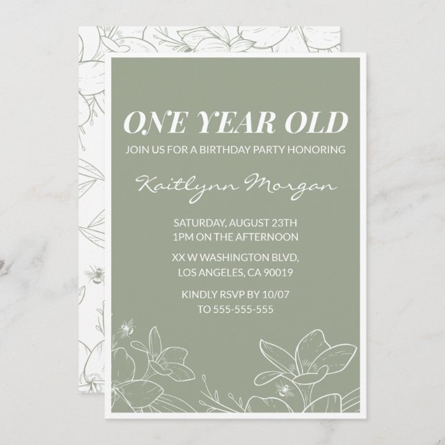Elegant 1st birthday invitations Floral Green (Front/Back)